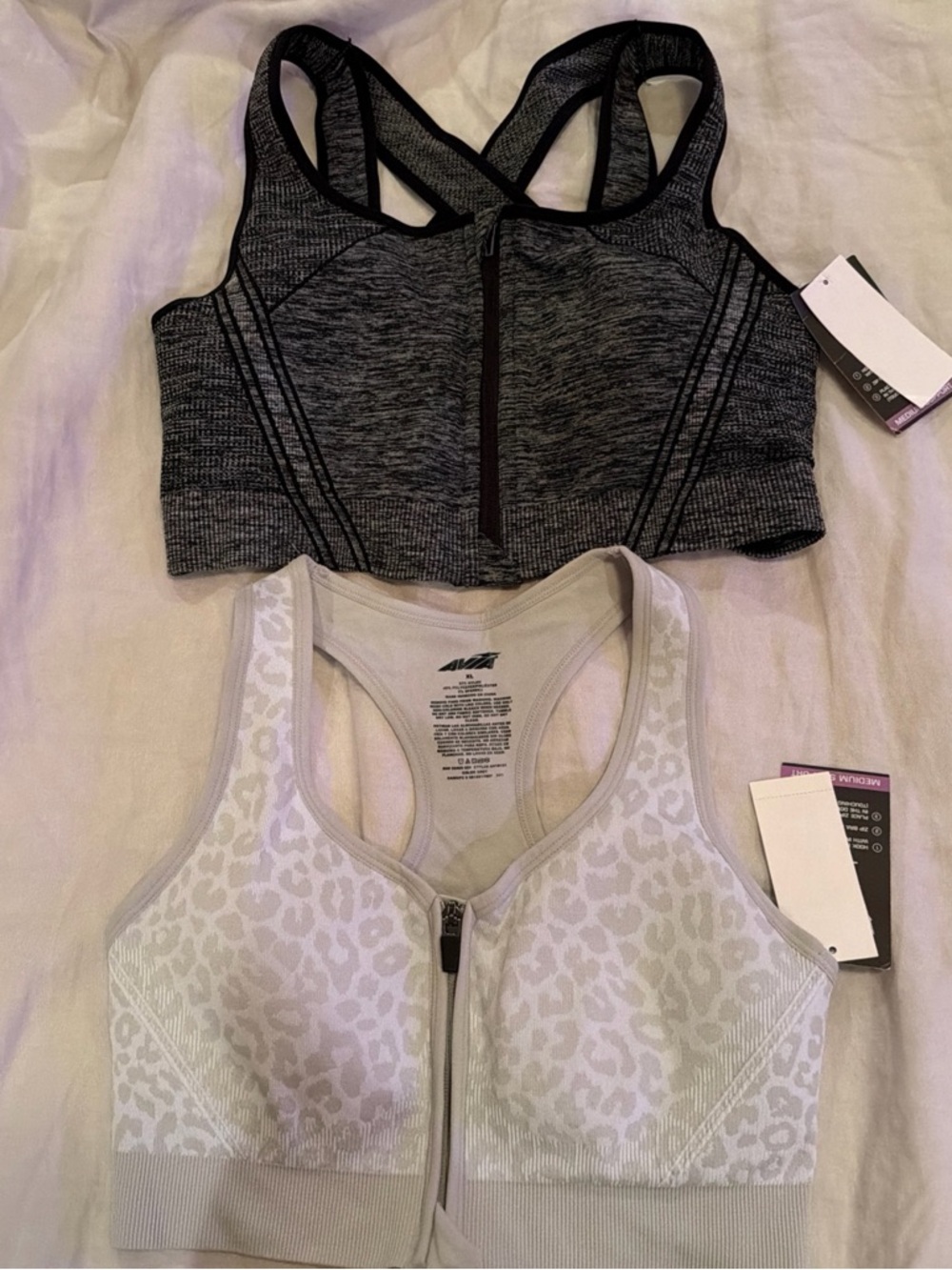 Avia Black Heather and Cream Leopard Front-Zip Sports Bras